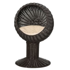 PawHut 27 Elevated Cat Bed Rotatable Egg Chair Pod Thick Cushion Natural Mat Grass Woven Coffee