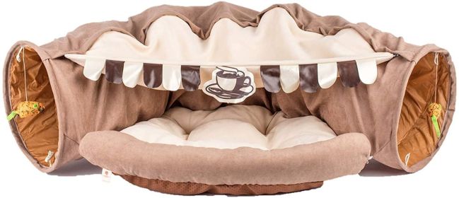 Cat Tunnel Toy Bed with Cushion Mat with Pop up Collapsible 2 Way Tube and Scratching Ball Interactive Toy Peak Hole Hideout House for Cat Puppy (Color: coffee)