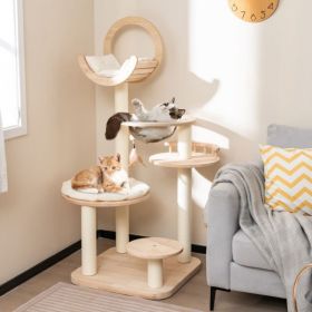 4-in-1 Large Wooden Cat Tower with Space Capsule Nest for Indoor Cats (Color: Beige)