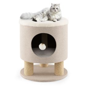 3-in-1 Cat Condo Stool Kitty Bed with Scratching Posts and Plush Ball Toy (Color: Beige)