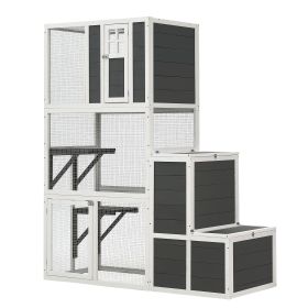 3-Tier Wooden Outdoor & Indoor Cat House Suitable for 1-3 Cats Cat Enclosure Resting Box with 4 Platforms and 2 doors Cat Shelter Kitty House wit (Color: as Pic)