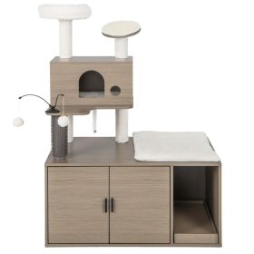2-in-1 Modern Cat Tower with Litter Box Enclosure for Indoor Cars (Color: Grey)